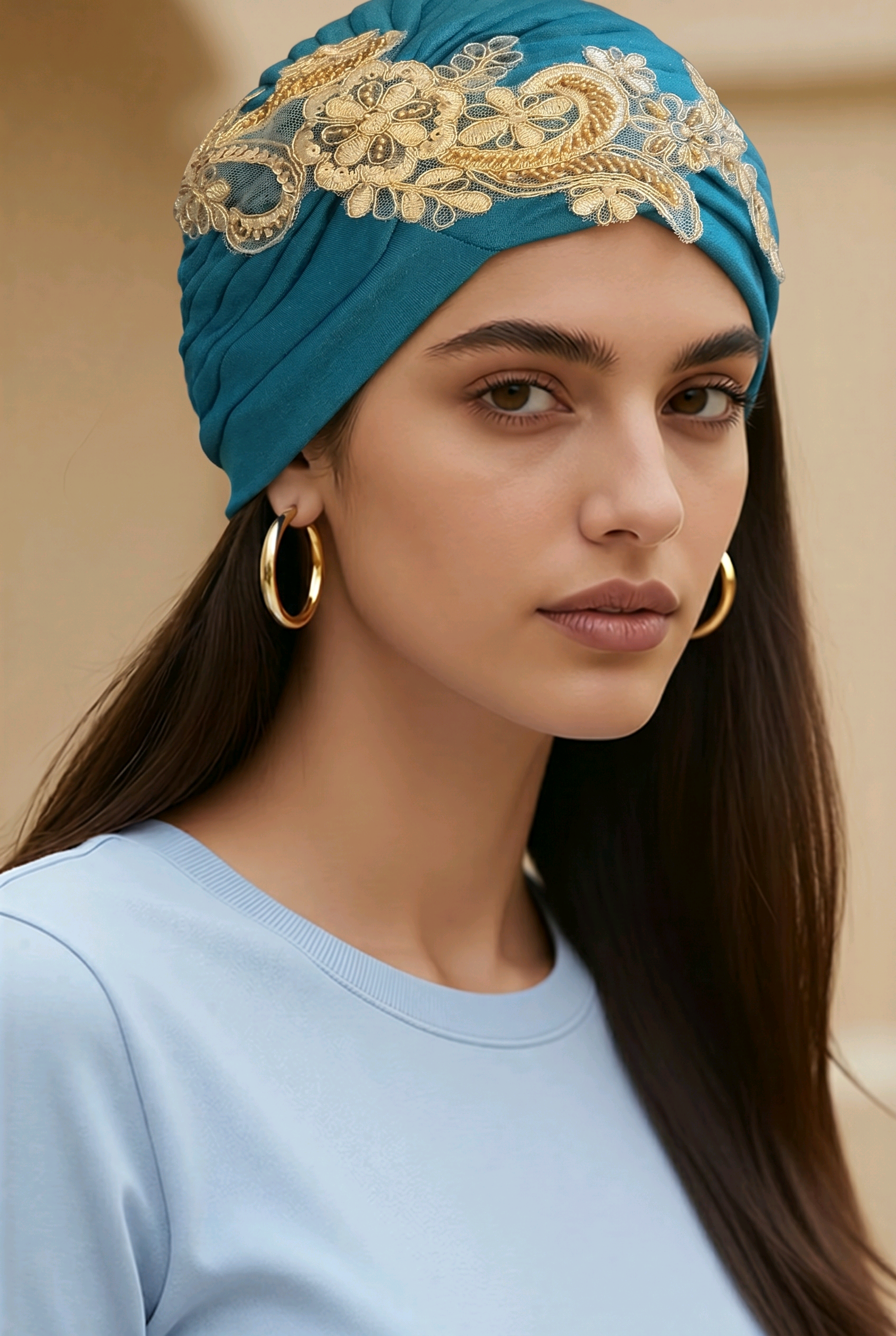 Teal Turban with Gold Floral Lace Embroidery
